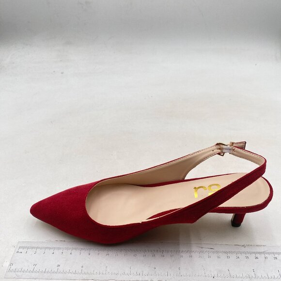 FSJ Women Classic Slingback Pumps Low Kitten Mid Heels Sandals Pointy Toe Red - Picture 2 of 8